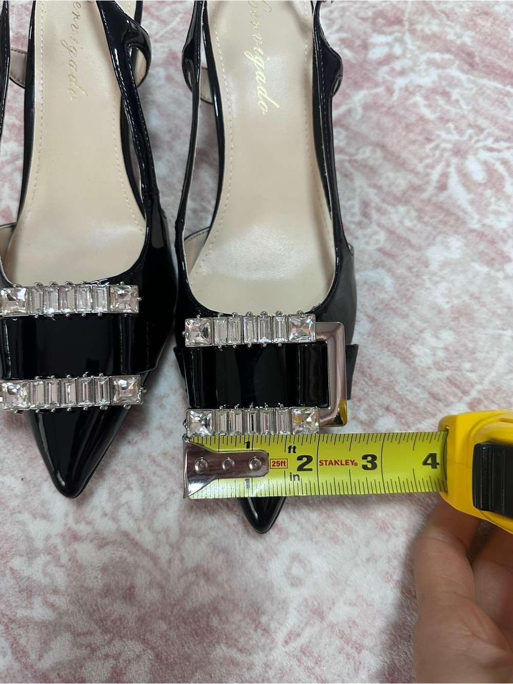 NEW 🖤 Crystal Buckle Patent Leather Slingback Pointed Heels - Picture 8 of 9